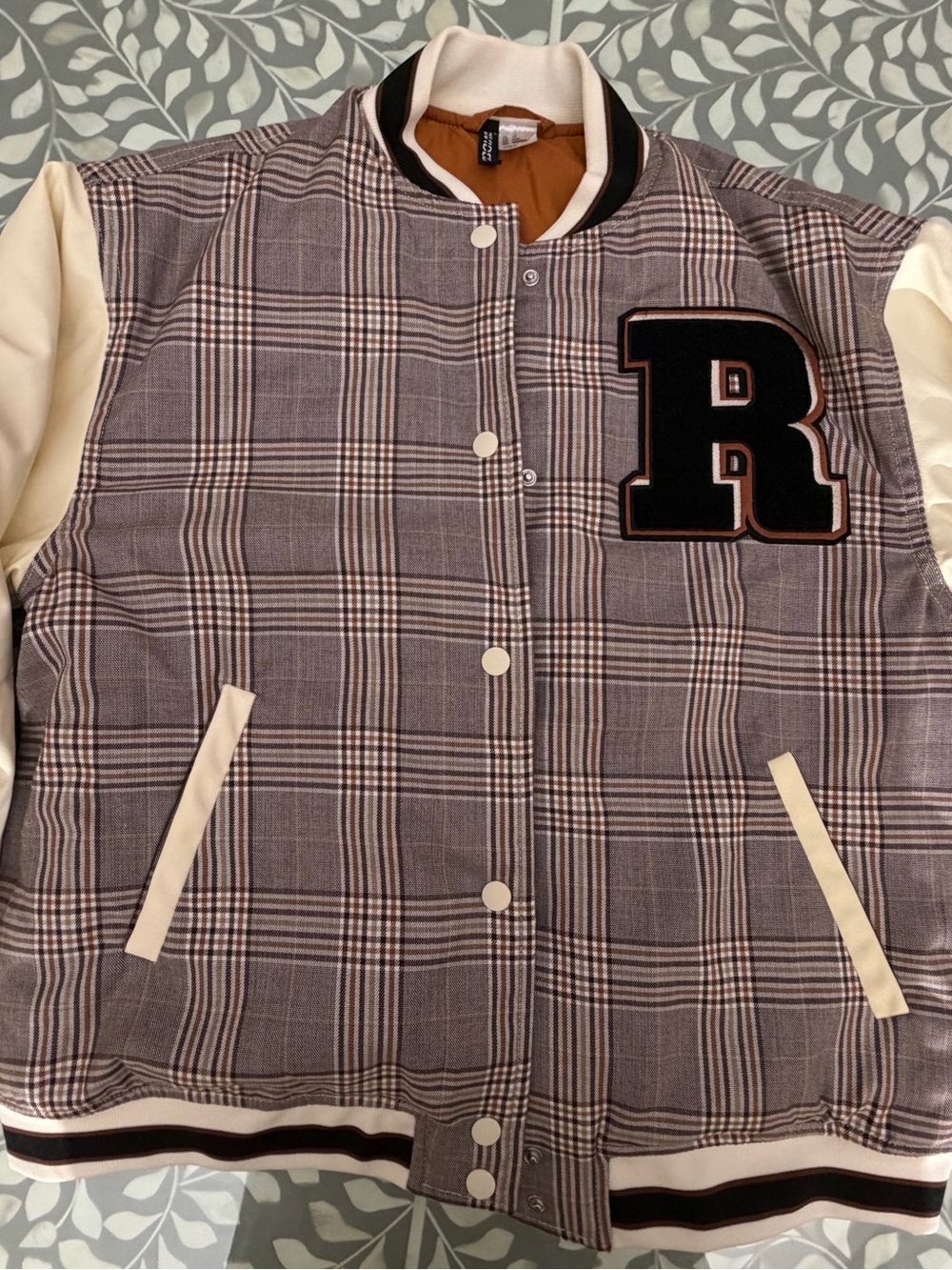 H&M Plaid Varsity Jacket in Gray and Cream with R Patch